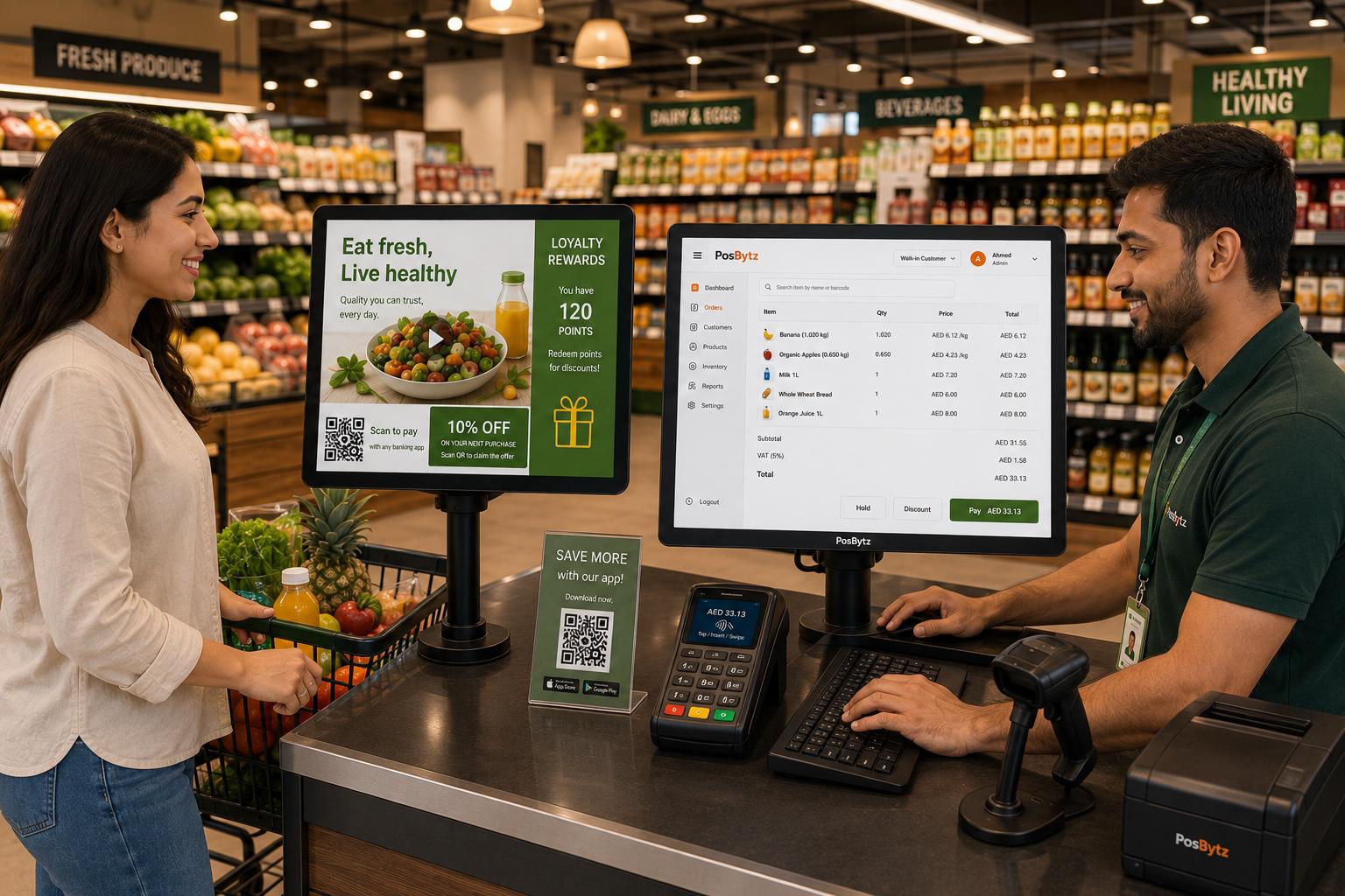 Windows POS system with dual screens showing transaction details, QR payments, and promotional content.