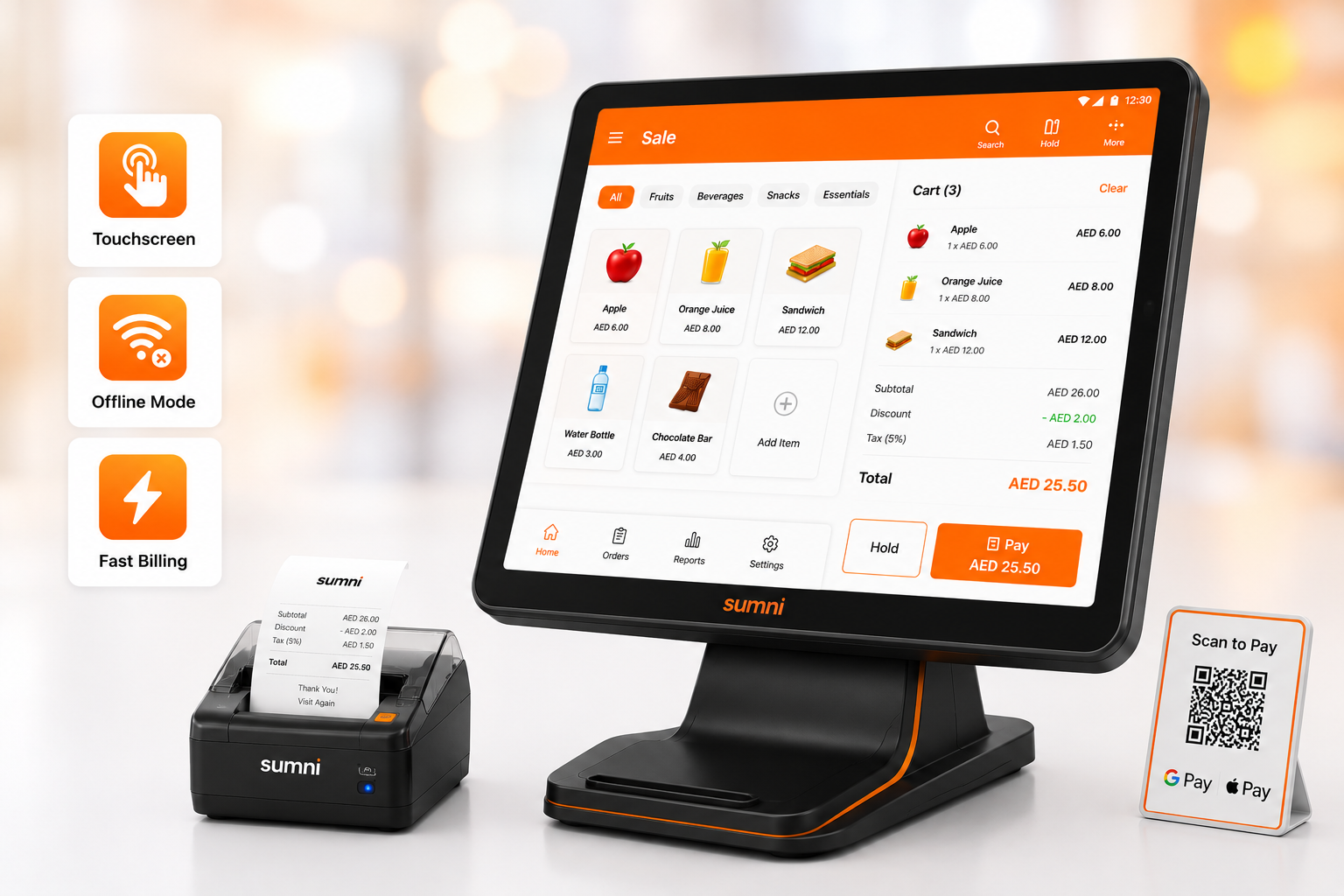 Android POS system with touchscreen interface, fast billing, and offline mode support.