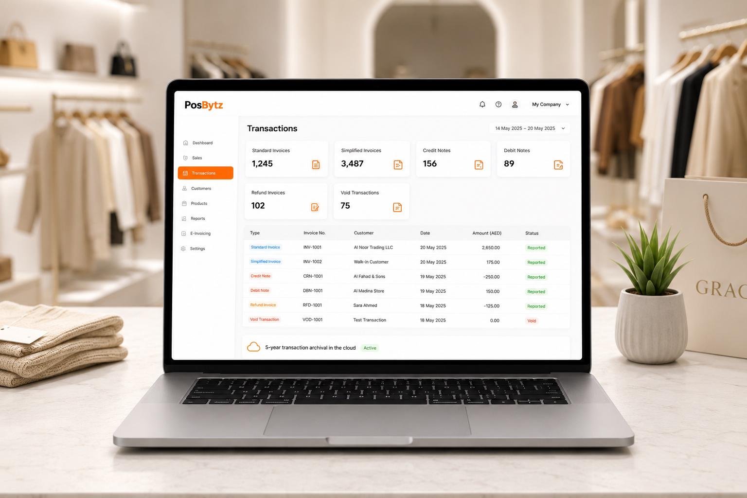 ZATCA-compliant invoicing software supporting B2B invoices, B2C invoices, credit notes, debit notes, refunds, and void transactions