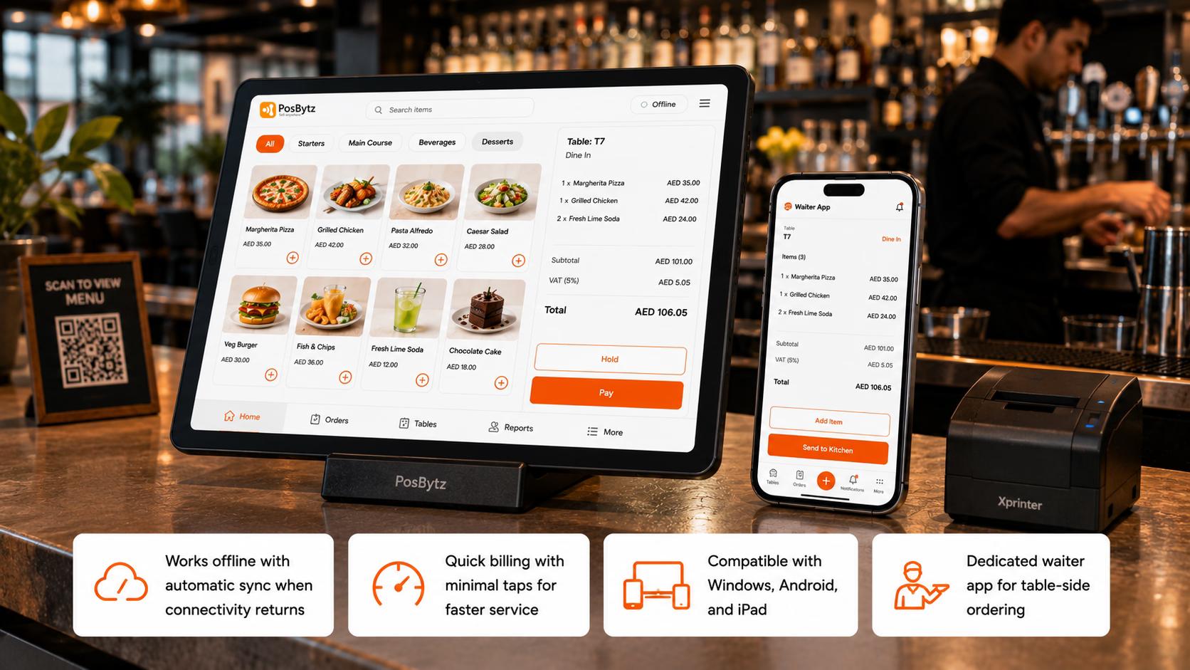 Bar and restaurant POS system for fast offline billing and waiter ordering