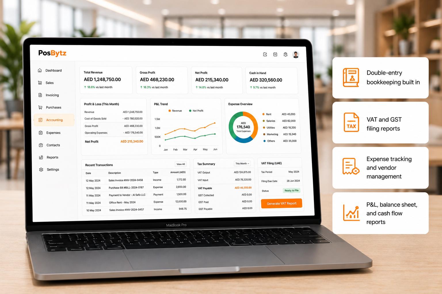 Accounting  Built-in bookkeeping and tax filing E-invoicing is only half the picture. PosBytz includes a full accounting module — expense tracking, vendor management, P&L reports, and VAT/GST filing — so your books stay accurate without a separate tool.  Double-entry bookkeeping built in VAT and GST filing reports Expense tracking and vendor management P&L, balance sheet, and cash flow reports