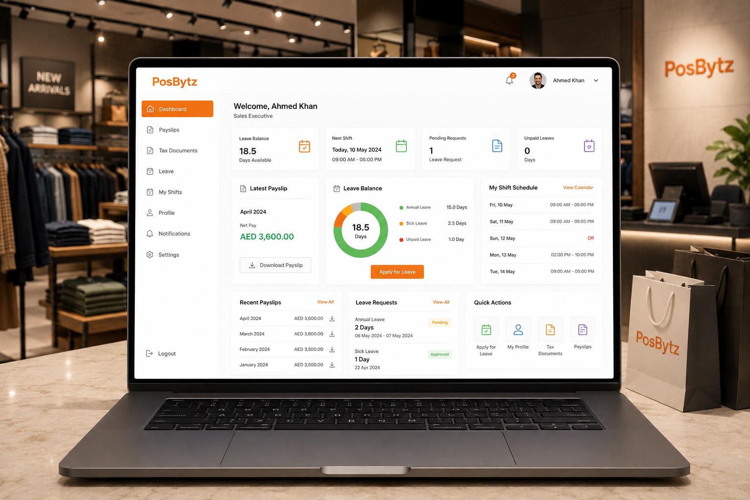 Employee self-service HR portal for accessing payslips, leave balances, shift schedules, and personal information management