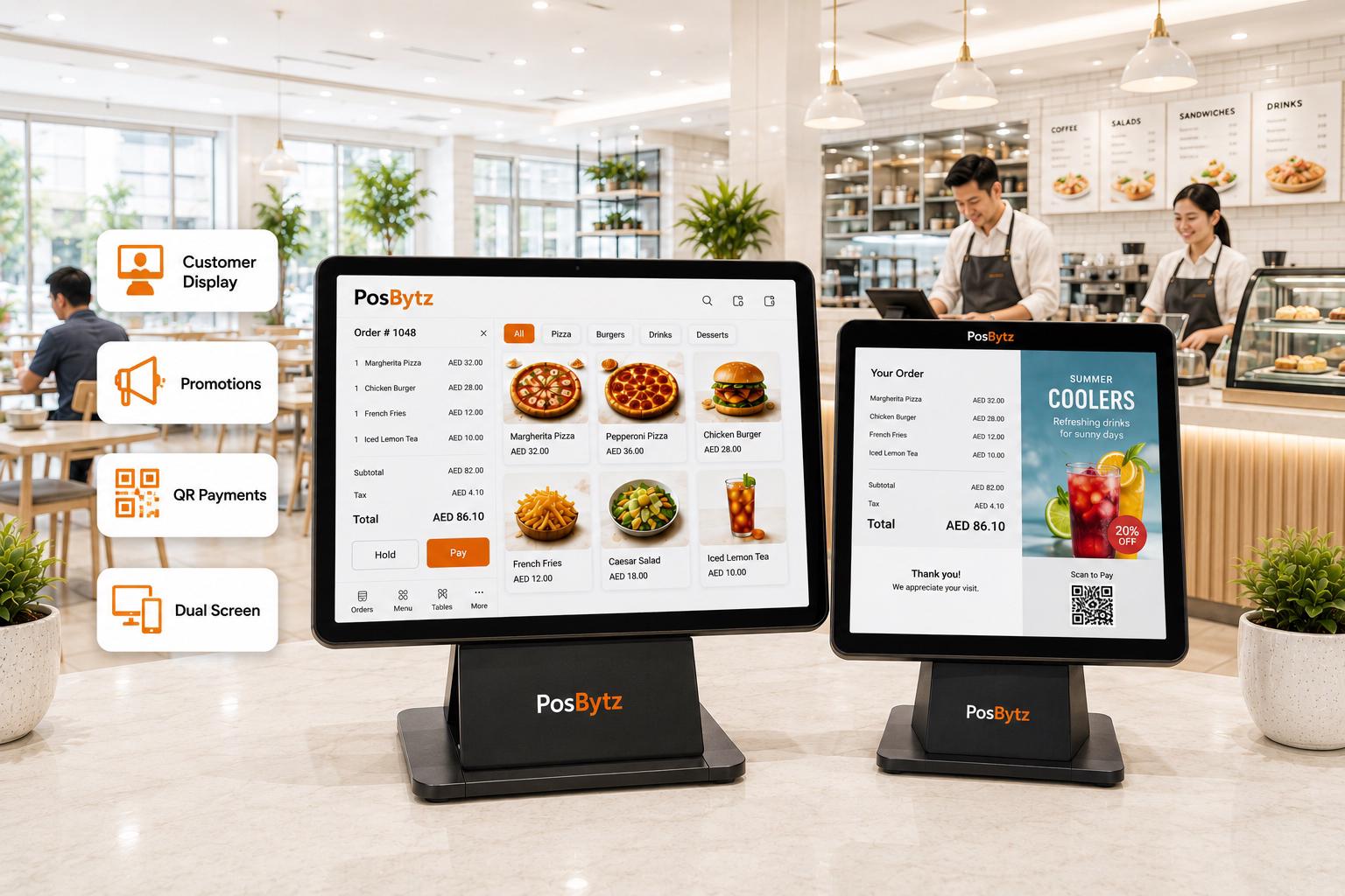 Android POS system with dual screens displaying transaction details, QR payments, and promotional content.