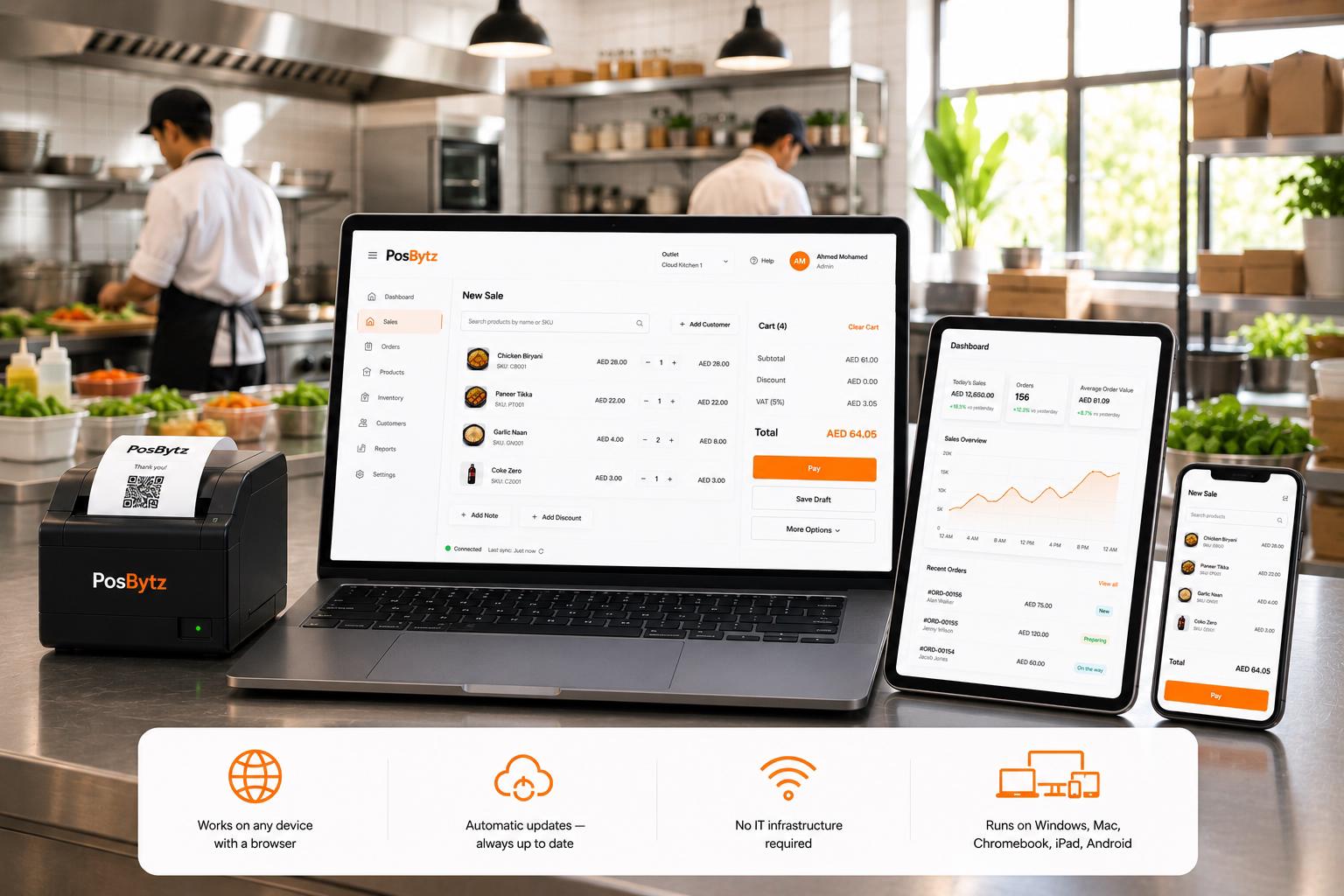 Cloud-based POS system accessible from laptop, tablet, and mobile browser.