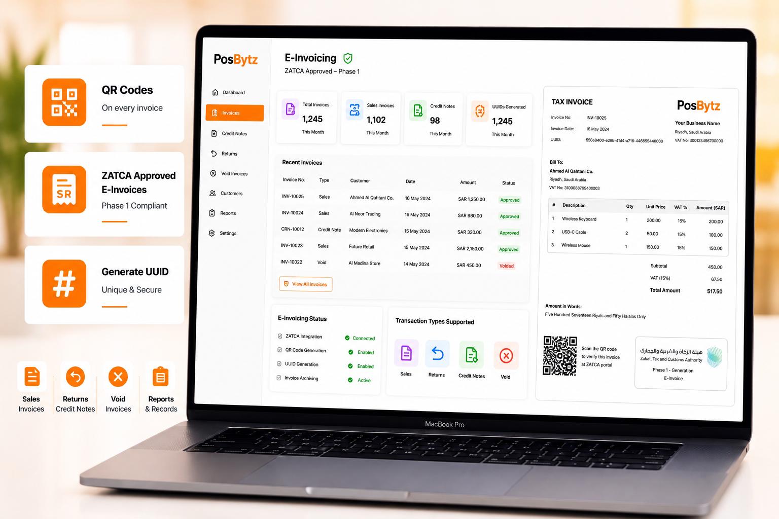 ZATCA Phase 1 e-invoicing with QR code generation, UUID creation, and compliant digital invoice billing