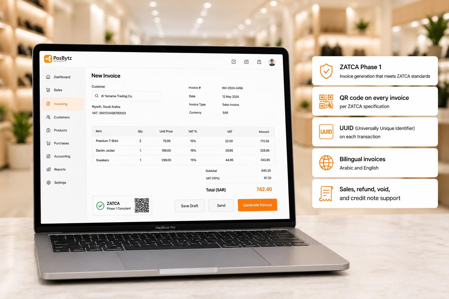 ZATCA Phase 1 e-invoicing software with QR codes, UUIDs, bilingual invoices, and compliance-ready billing
