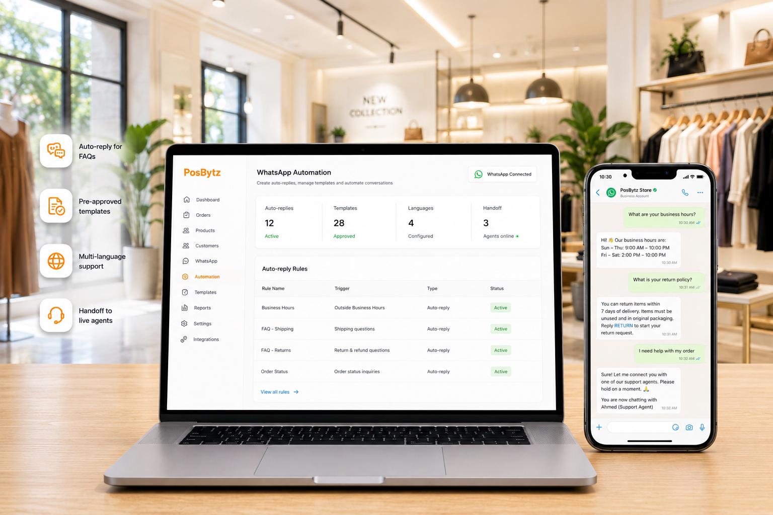 WhatsApp automation with auto-replies, FAQ bots, multilingual support, and live agent handoff