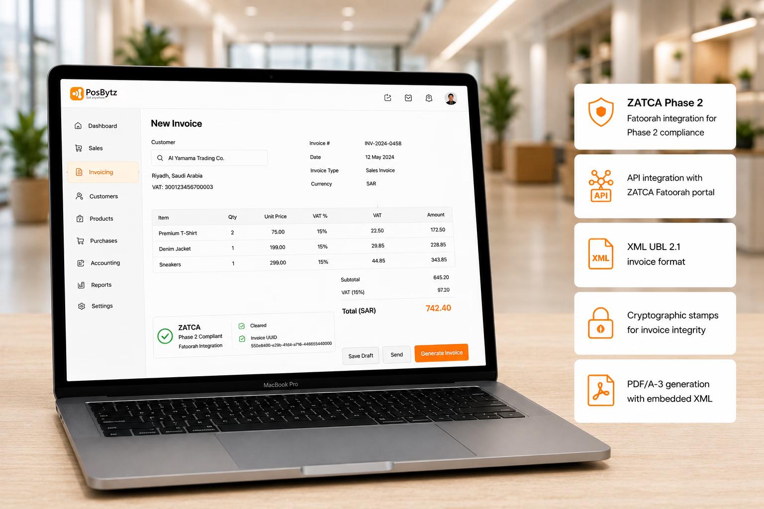 ZATCA Phase 2 e-invoicing with Fatoorah integration, XML UBL 2.1 invoices, and cryptographic compliance