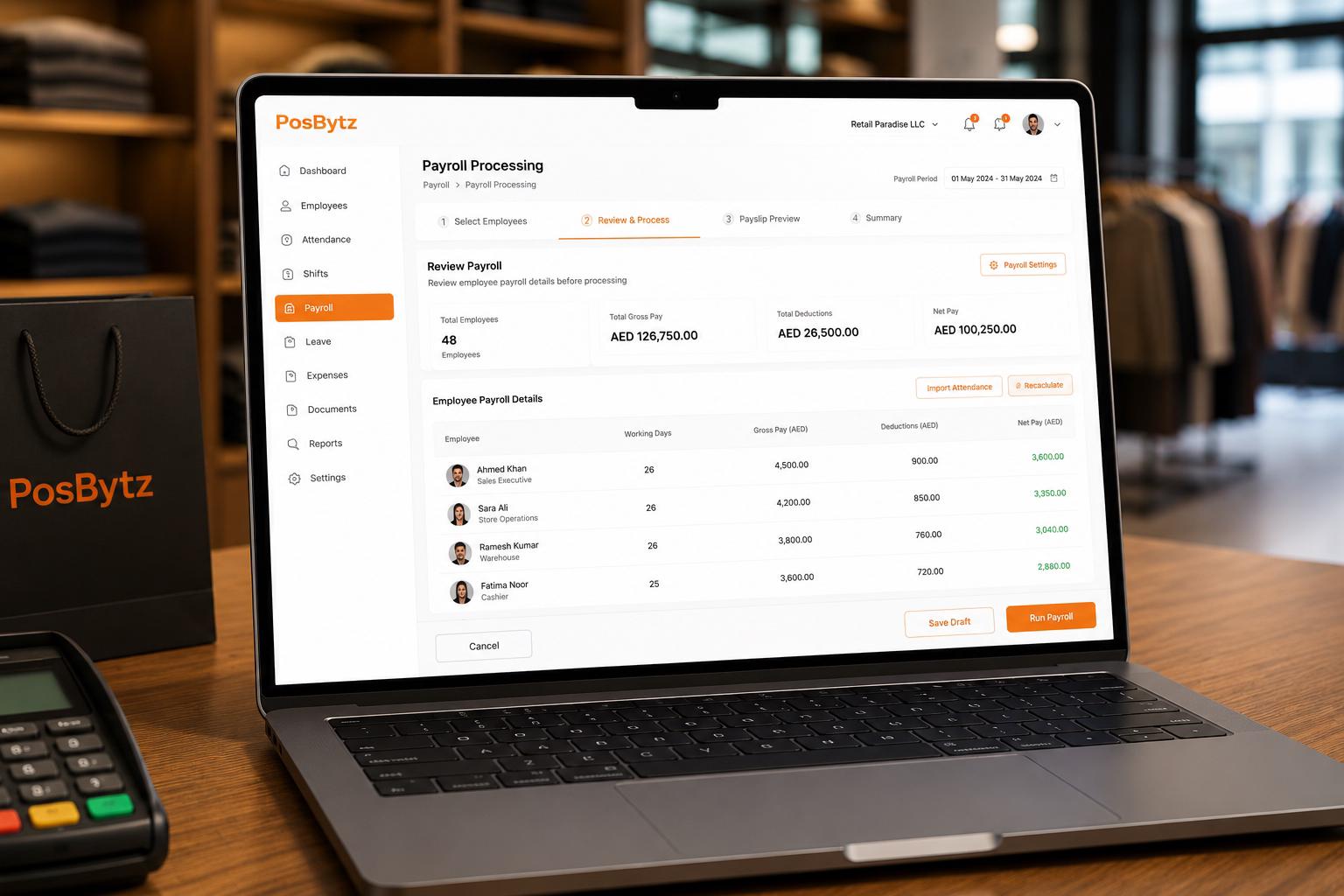 Payroll Processing  From attendance to payslip in one click Pull attendance data, apply leave balances, calculate overtime, deduct statutory contributions, and generate payslips — all in a single payroll run. Review before confirming, then post salary expenses directly to your accounting ledger.  One-click payroll run with attendance auto-sync Configurable pay structures (basic, HRA, transport, food) Automatic statutory deduction calculation Direct posting to accounting general ledger