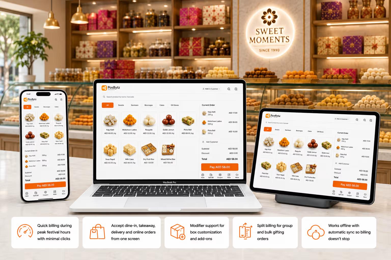 Sweet Shop Management Software handling multiple order types from a single billing screen