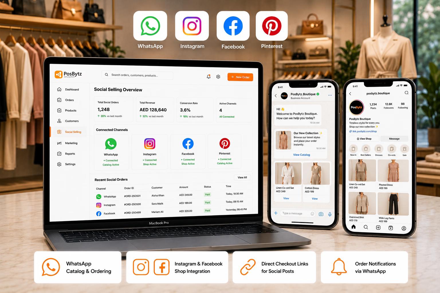 Social commerce platform integrating WhatsApp, Instagram, Facebook, and Pinterest for catalog browsing, ordering, and checkout with real-time POS synchronization.