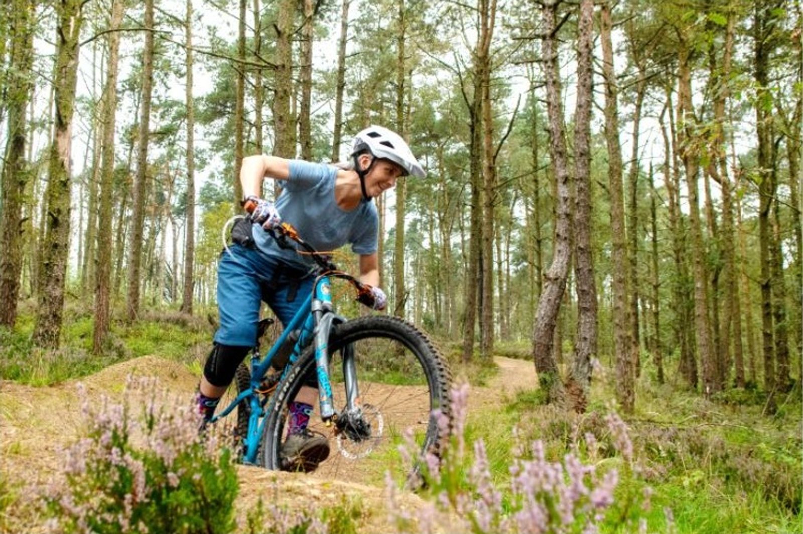 A woman riding a mountain bike along a forest trail through heather