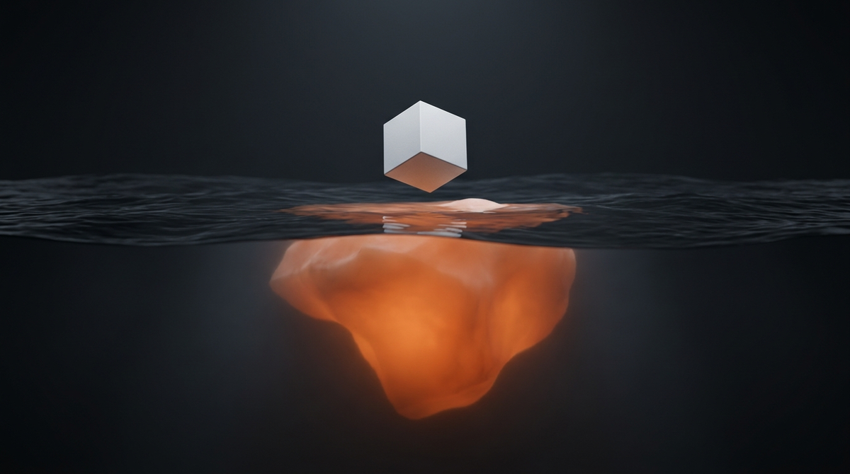 A small matte-white cube above a dark waterline with a much larger glowing-orange mass submerged below it.