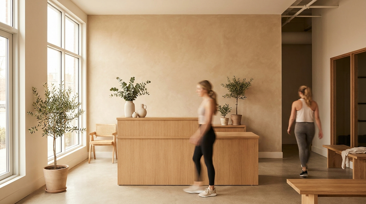 The warm minimal reception of a premium pilates studio — light wood desk, plaster accent wall, olive tree, a member arriving.