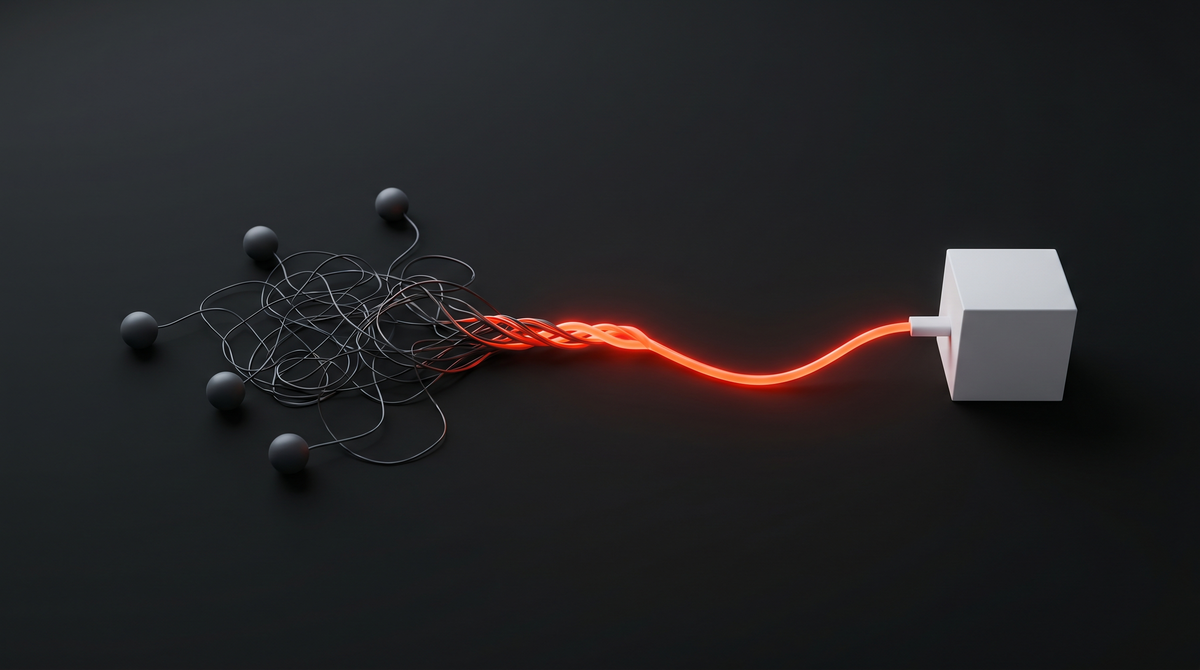 Tangled threads from scattered vendor nodes converging into one clean glowing orange cable plugged into a single white cube