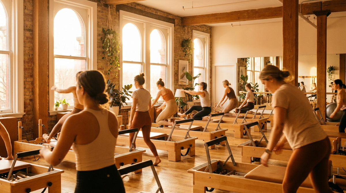 A fully-booked premium pilates class, every reformer in use, warm light through arched windows.