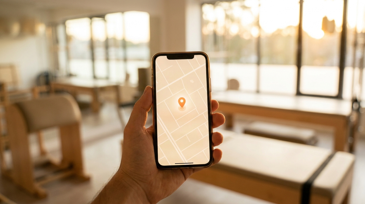 A hand holding a phone showing a map with a glowing orange location pin, a pilates studio blurred behind.