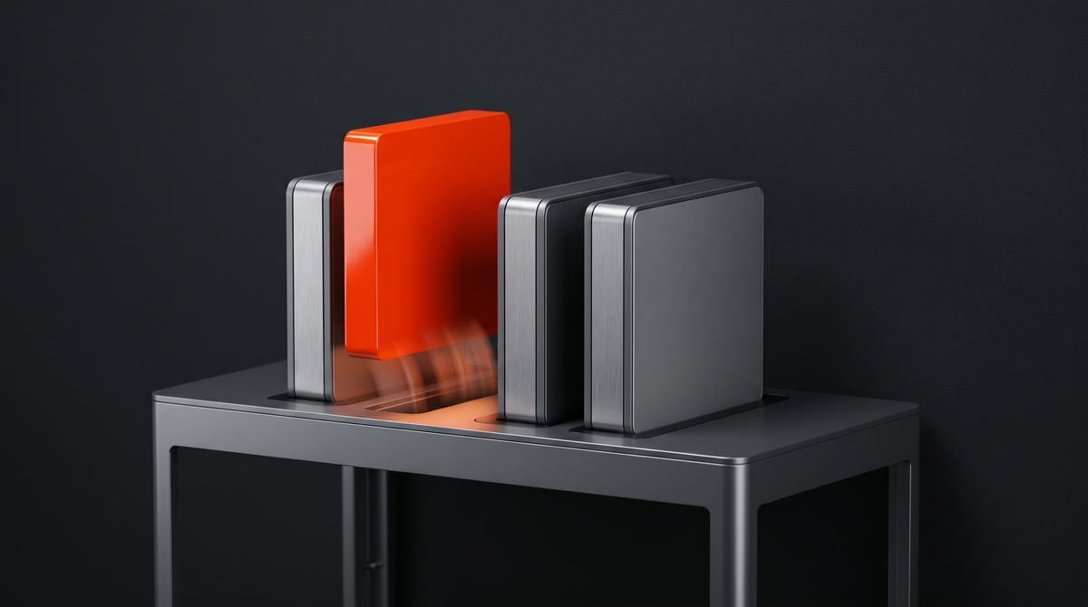 A modular rack of graphite cartridges with one bright orange cartridge captured mid-swap