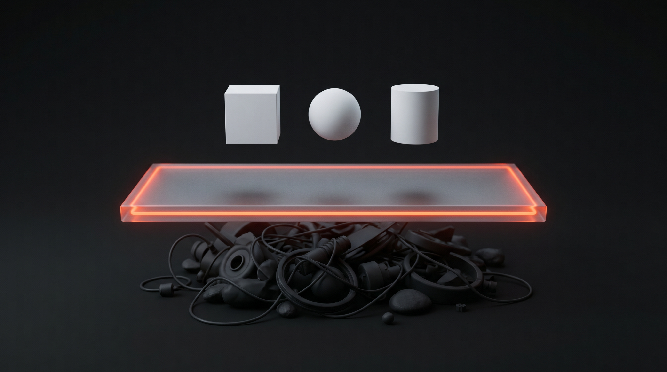 A translucent glass layer with a glowing orange edge separating tangled cables below from three pristine white objects above: the delivery and assurance layer concept