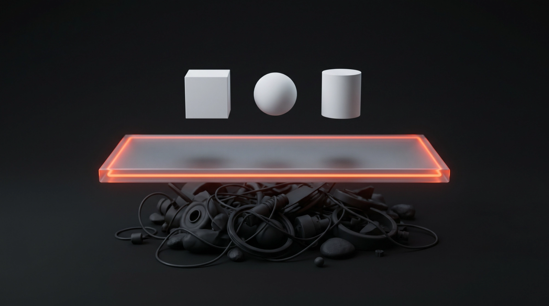 A translucent glass layer with a glowing orange edge separating tangled cables below from three pristine white objects above: the delivery and assurance layer concept