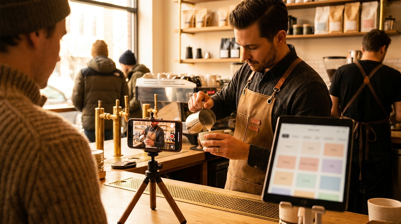 A smartphone on a small tripod films a barista at a premium coffee bar, a second phone nearby showing a content calendar — a content-capture moment.
