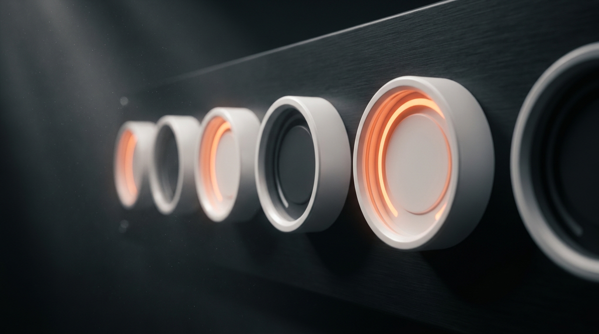 A row of matte-white gauge dials on a dark panel, several glowing orange in a warning state.