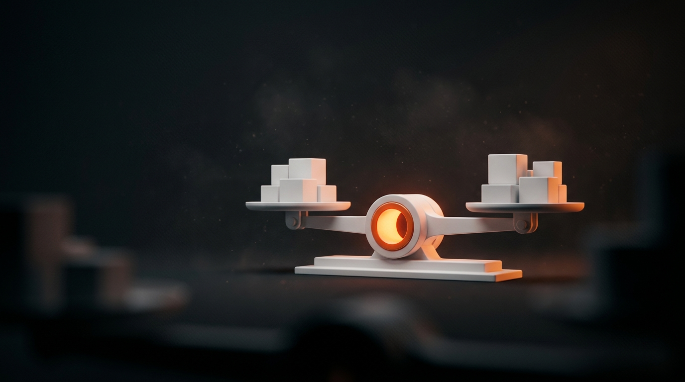 A sleek matte-white balance scale weighing stacks of blocks on a dark field, its pivot glowing orange — weighing the true cost of hiring options.