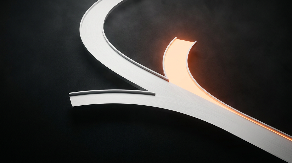 A matte-white path splitting into three diverging routes, one glowing orange as the chosen path.