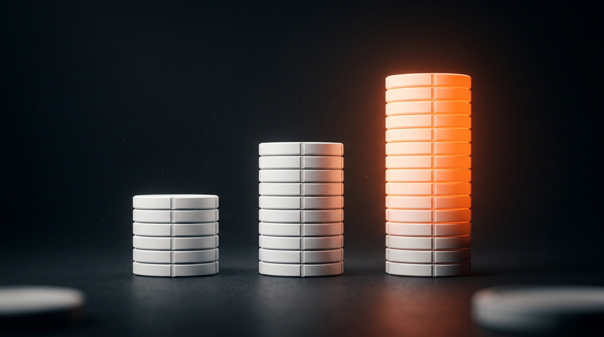 Three matte-white stacked-coin towers of different heights side by side, the tallest glowing orange — a monthly cost comparison.