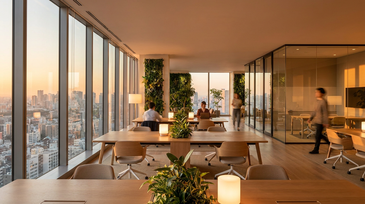 A sleek modern corporate office with open desks, glass meeting rooms, greenery, and floor-to-ceiling windows over a city skyline at golden hour.