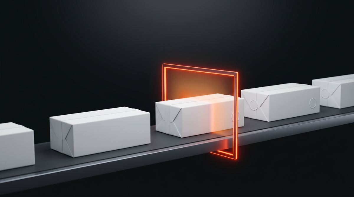 White parcels on a dark conveyor passing through a glowing orange inspection gate