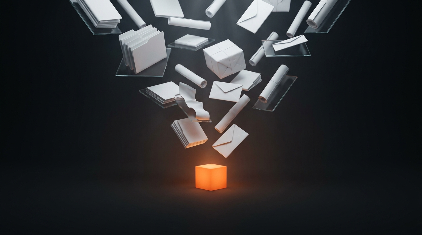 A single glowing orange cube on a dark field with dozens of matte-white documents, folders, and parcels funneling down onto it — everything in the business waiting on one point.