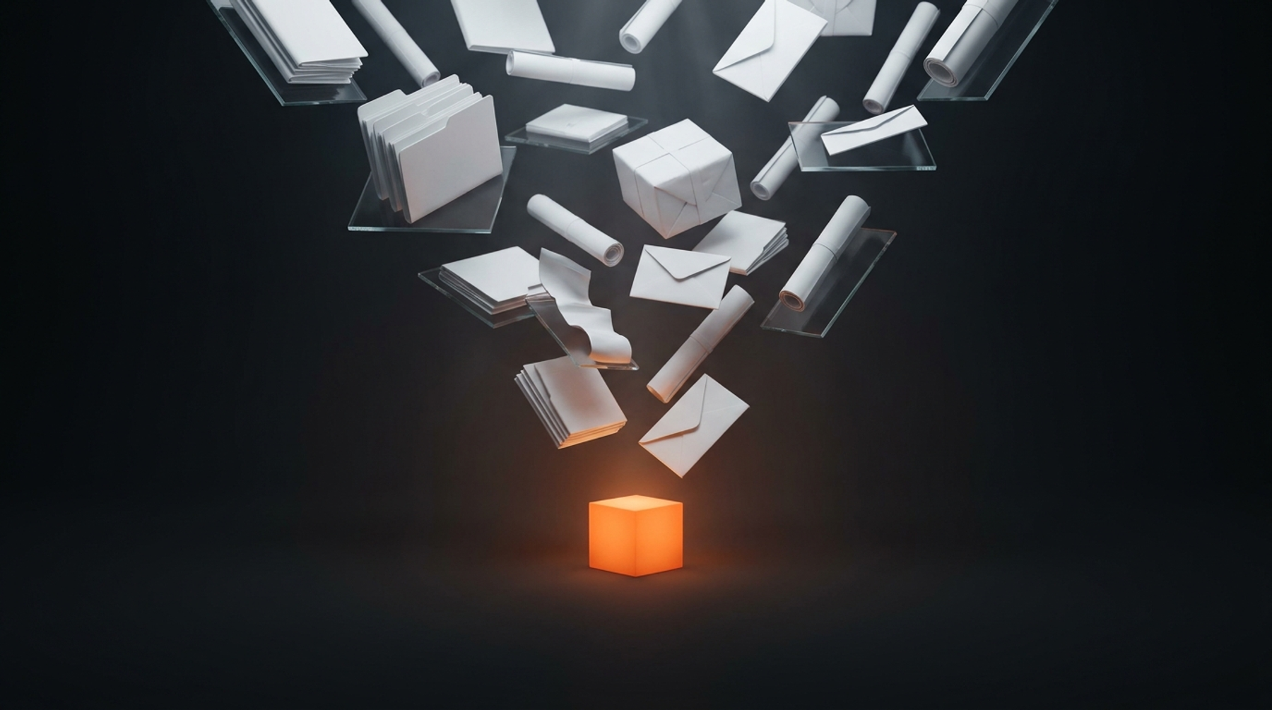 A single glowing orange cube on a dark field with dozens of matte-white documents, folders, and parcels funneling down onto it — everything in the business waiting on one point.