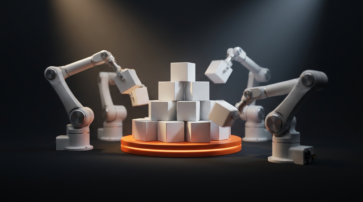 Matte-white robotic arms stacking more white blocks onto a single overloaded glowing-orange platform.