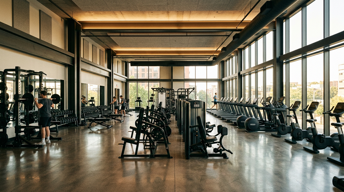 Interior of a large premium gym facility with rows of high-end equipment, polished floors, and floor-to-ceiling windows.