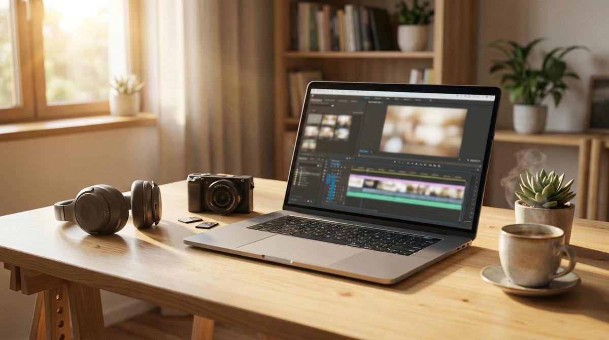A modern content-production desk with a laptop editing timeline, headphones, a camera, and organized clips.