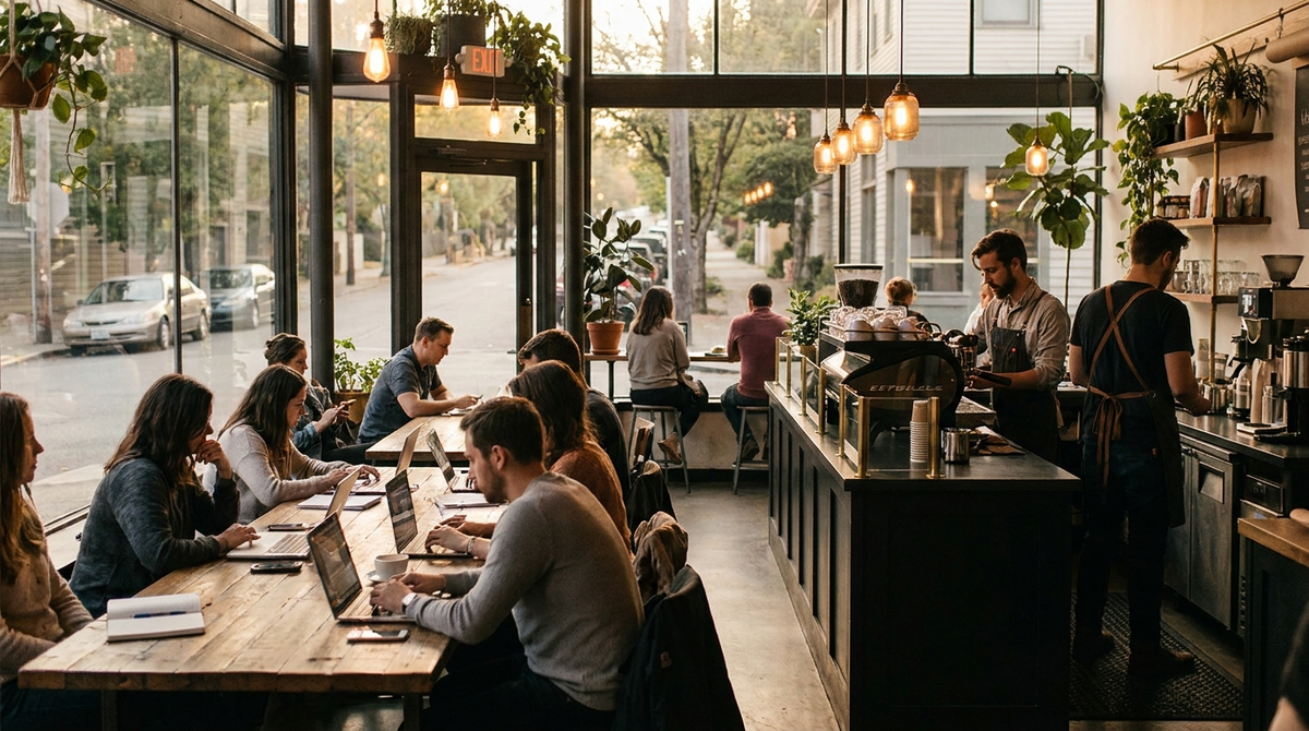 A busy urban coffee shop third-space with people working on laptops at communal tables near large storefront windows.