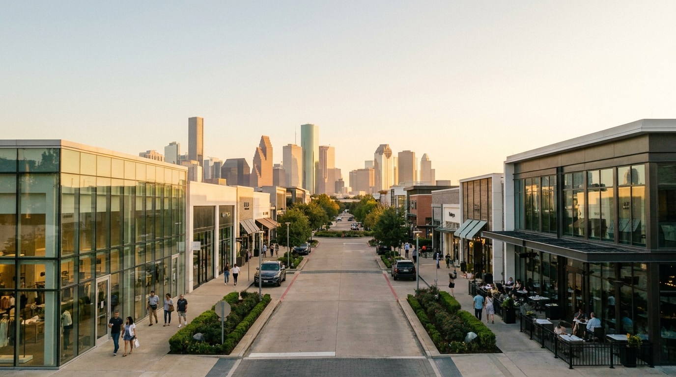 Golden-hour view down a walkable upscale Houston district — modern glass storefronts and outdoor cafe seating, the downtown skyline glowing at the end of the street.