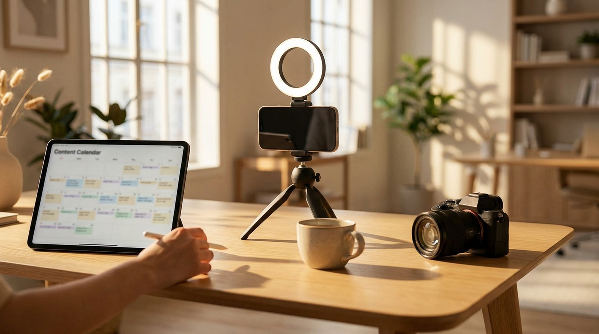 A clean content-capture setup: a phone on a tripod with a ring light and a tablet showing a content calendar on a bright table.