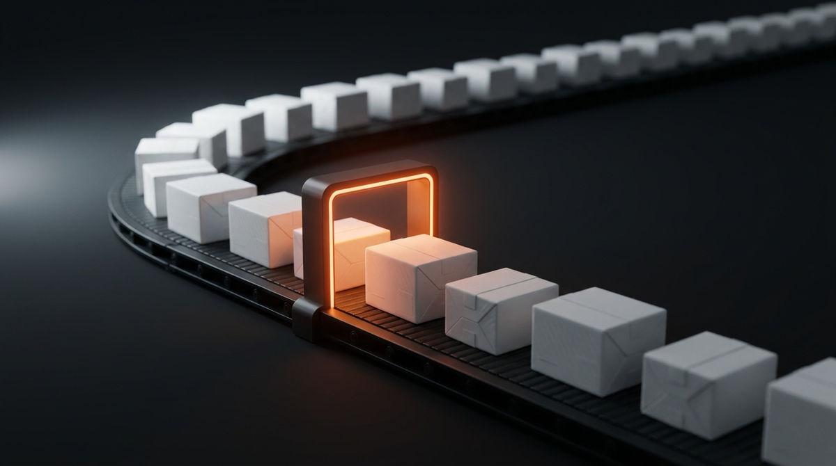 Matte-white parcels on a dark conveyor belt passing one at a time through a single glowing orange inspection gate.