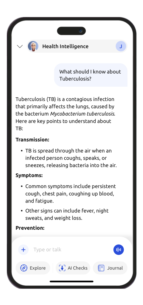 Helfie Tuberculosis AI conversational chat interface on a smartphone