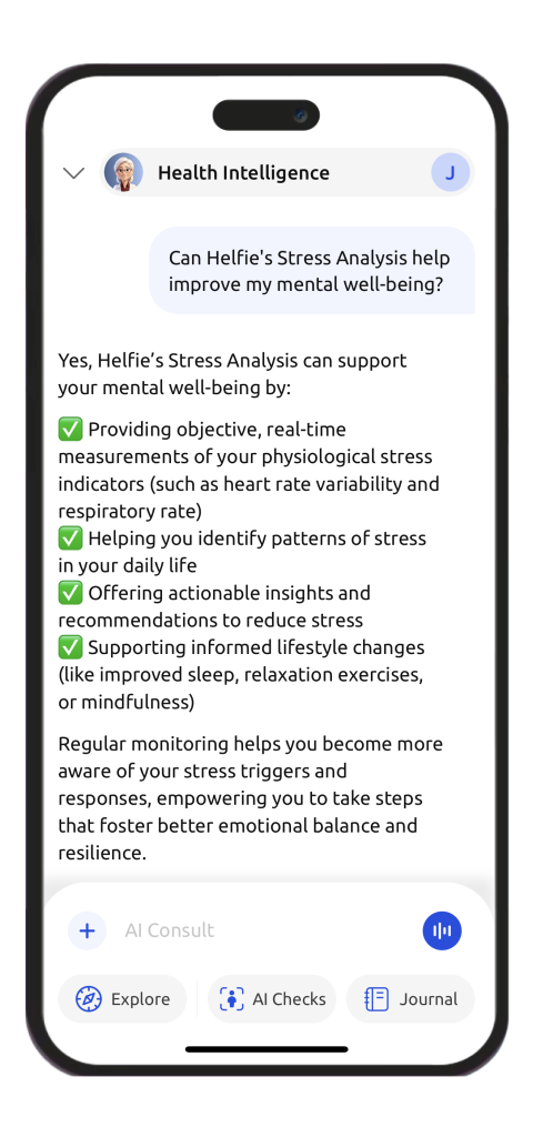 Helfie Stress AI conversational chat interface on a smartphone