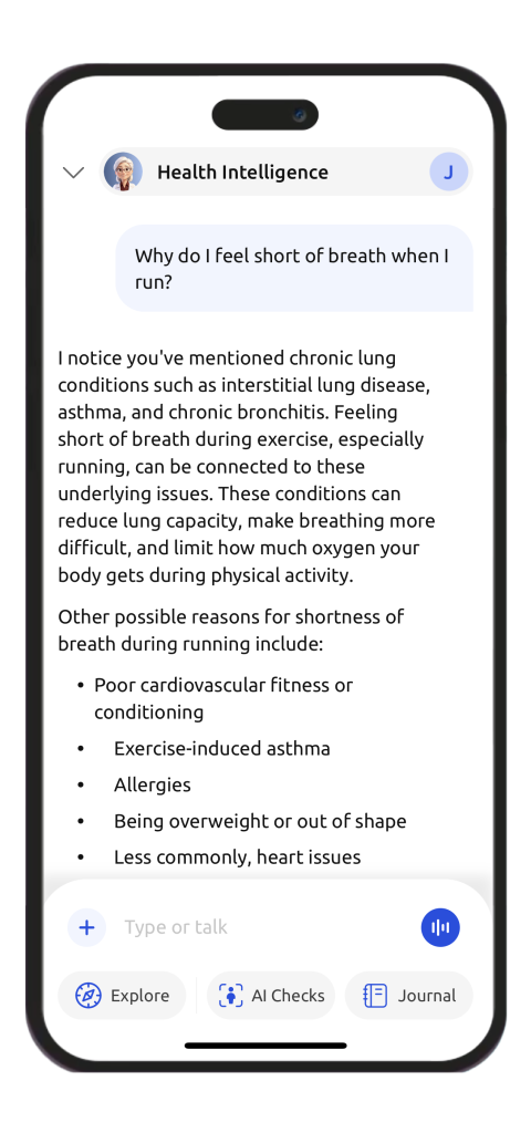 Helfie Cough AI conversational chat interface on a smartphone