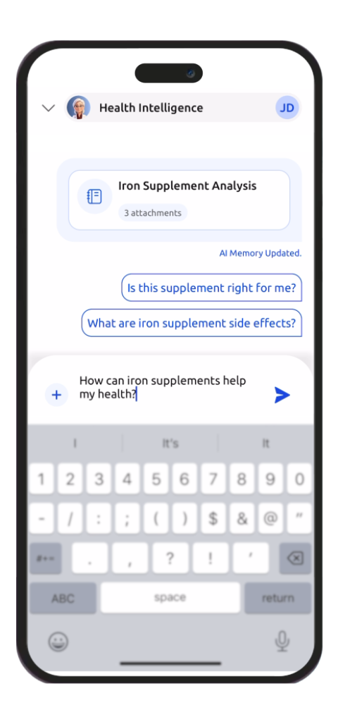 Helfie Journal AI conversational chat interface on a smartphone