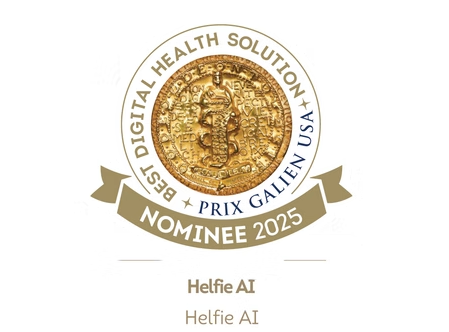 Helfie AI app on smartphone showing Helfie AI Shortlisted for the Prix Galien USA 2025 “Best Digital Health Solution