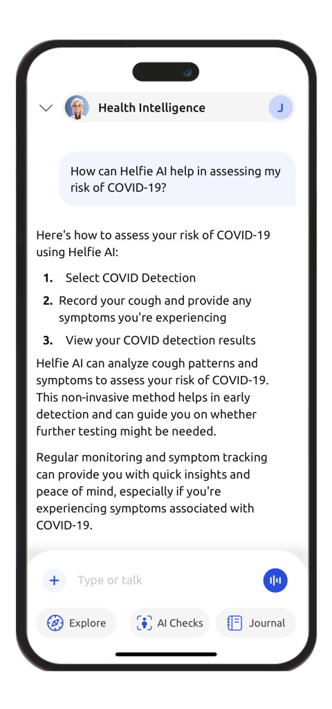 Helfie Covid AI conversational chat interface on a smartphone