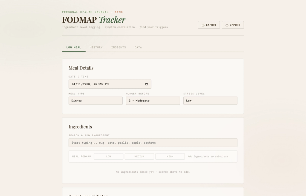 FODMAP Tracker — desktop log view