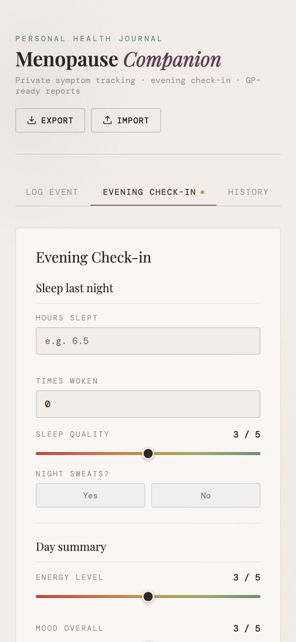 Menopause Companion — mobile check-in