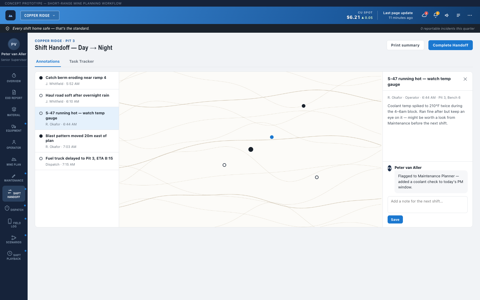 Shift Handoff screen showing annotated field notes and a threaded comment