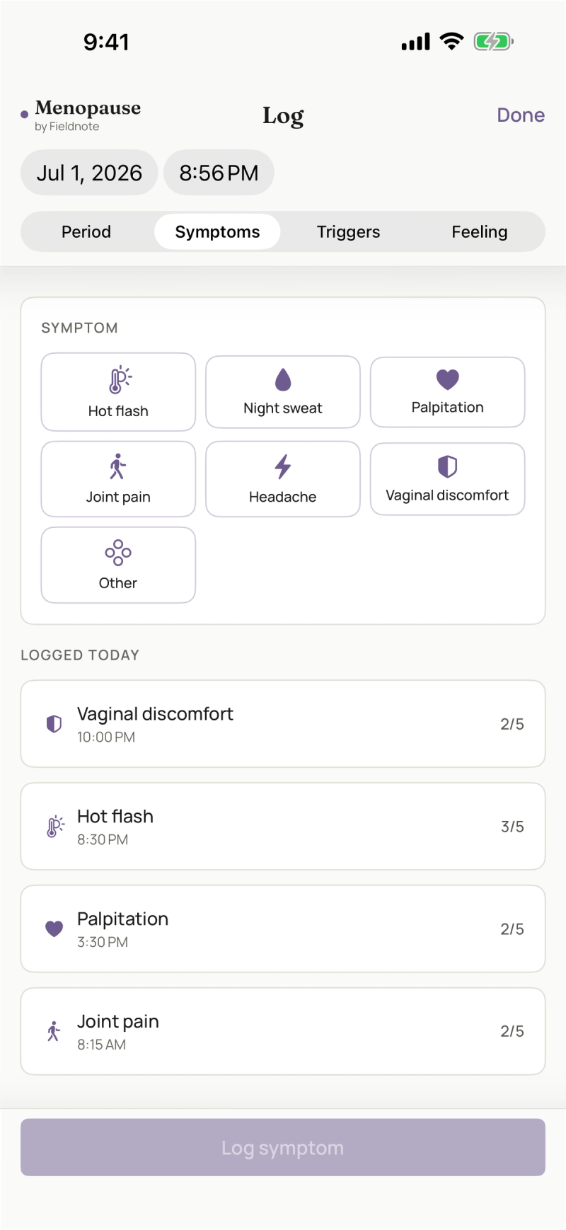 Menopause symptom log screen